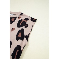Khaki Leopard Crew Neck Cap Sleeve Casual Tee - L thumbnail