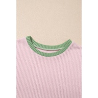 Pink Color Block Corded Knit Crew Neck Tee - L thumbnail