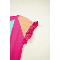 Rose Red Color Block Ruffled Crew Neck Loose Fit T Shirt - M thumbnail