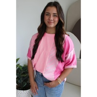 Pink Stripe Color Block Patchwork Loose Half Sleeve T Shirt - L thumbnail