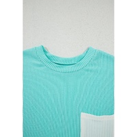 Light Blue Corded Knit Color Block Pocketed Crew Neck T Shirt - M thumbnail