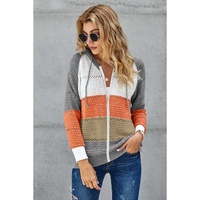 Gray Zipped Front Colorblock Hollow-out Knit Hoodie - M thumbnail