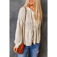 Azura Exchange Waffle Knit Buttons Ruffled Hooded Top - L thumbnail