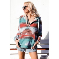 Multicolor Aztec Print Zipped Split Neck Hoodie - S thumbnail