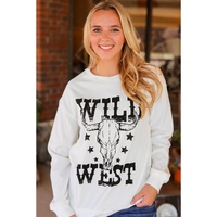 White WILD WEST Steer Skull Graphic Ribbed Sweatshirt - L thumbnail