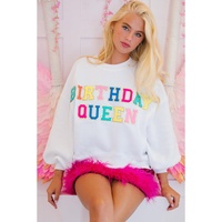 White BIRTHDAY QUEEN Graphic Balloon Sleeve Sweatshirt - M thumbnail