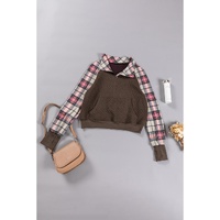 Khaki Printed Plaid Sleeve Patchwork Collared Textured Sweatshirt - L thumbnail