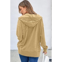 Simply Taupe Solid Ribbed Knit Buttoned Drop Shoulder Oversized Hoodie - 2XL thumbnail