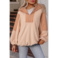 Light French Beige Colorblock Patchwork Half Zip Oversized Sherpa Hoodie - L thumbnail