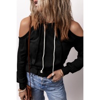 Black Exposed Seam Cold Shoulder Drawstring Hoodie - L thumbnail