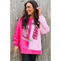 Pink Color Block Sequined Cowgirl Boots Graphic Sweatshirt - 2XL thumbnail