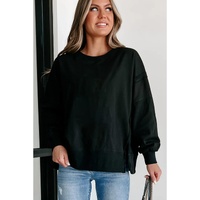 Black Exposed Seam Drop Shoulder Round Neck Sweatshirt with Slits - S thumbnail