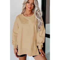 Light French Beige Exposed Seam Drop Shoulder Round Neck Sweatshirt with Slits - 2XL thumbnail