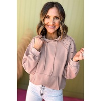 Fushia Solid Color Rivet Stud Raglan Sleeve Hoodie with Pocket - L thumbnail