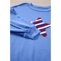 Sky Blue Sequin Trim Embroidered Star USA Pattern Sweatshirt - L thumbnail