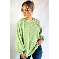 Light Green Solid Color Textured Side Split Crew Neck Blouse - L thumbnail