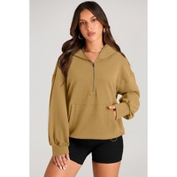 Brown Solid Kangaroo Pocket Half Zipper Oversized Hoodie - XL thumbnail