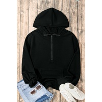Black Solid Kangaroo Pocket Half Zipper Oversized Hoodie - 2XL thumbnail