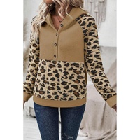 Light French Beige Leopard Print Patchwork Raglan Sleeve Half Buttons Hoodie - L thumbnail