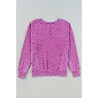 Bright Pink Solid Color Notched Neck Drop Shoulder Sweatshirt - 2XL thumbnail
