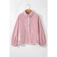 Fushia Stand Neck Half Button Zip Pocket Plush Sweatshirt - L thumbnail