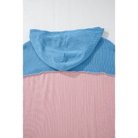 Pink Color Block Patchwork Corded Knit Loose Fit Hooded Blouse - L thumbnail
