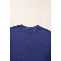 Navy Blue Plain Drop Shoulder Crewneck Pullover Sweatshirt - L thumbnail