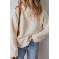 White Solid Fleece High Neck Drop Shoulder Pullover Sweatshirt - L thumbnail