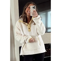 Beige Fleece Colorblock Trim Buttons Collar Sweatshirt with Pocket - S thumbnail