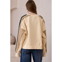 Beige Contrast Striped Patchwork Drop Shoulder Loose Sweatshirt - M thumbnail