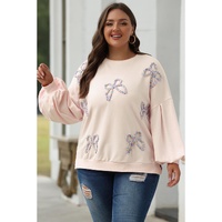 Parchment Embroidered Bow Lantern Sleeve Oversized Pullover Sweatshirt - L thumbnail