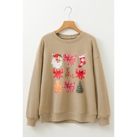 Khaki Christmas Pattern Graphic Crew Neck Sweatshirt - S thumbnail