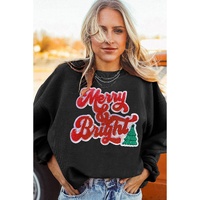 Black Merry & Bright Christmas Tree Pattern Corded Baggy Sweatshirt - 3XL thumbnail