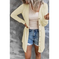 Beige Solid Color Open-Front Buttons Cardigan - M thumbnail