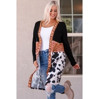 Black Western Pattern Cow Patchwork Open Front Cardigan - M thumbnail