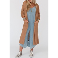 Chestnut Long Waffle Knit Cardigan with Pockets - L thumbnail