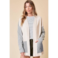 Black Stripe Colorblock Patchwork Open Front Cardigan with Pocket - L thumbnail