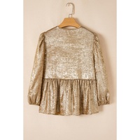 Gold Bow Tie Front Puff 3/4 Sleeve Ruffle Hem Blouse - S thumbnail