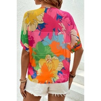 Multicolour Floral Print Folded Short Sleeve Shirt - L thumbnail