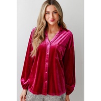 Pitaya Pink Buttoned V Neck Chest Pocket Velvet Shirt - XL thumbnail