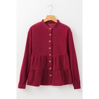 Burgundy Corduroy Ruffle Tiered Buttoned O Neck Shirt - XL thumbnail