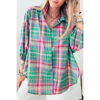 Green Checkered 3/4 Sleeve Collared Loose Fit Shirt - S thumbnail