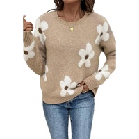 Parchment Flower Pattern Ribbed Trim Crew Neck Sweater - L thumbnail