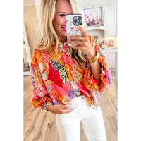 Red Abstract Floral Print Buttoned Ruffled Bubble Sleeve Shirt - M thumbnail