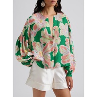 Green Floral Print Button up Pleated Puff Sleeve Loose Shirt - S thumbnail