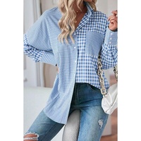Sky Blue Stripe Plaid Patchwork Button up Long Sleeve Shirt - S thumbnail