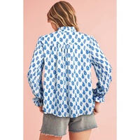 Sky Blue Boho Floral Printed Lantern Sleeve Frilled Neck Shirred Shirt - M thumbnail