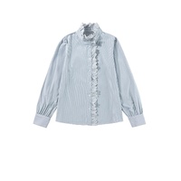 Sky Blue Stripe Frilled Trim Button Up Long Sleeve Shirt - L thumbnail