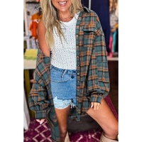 Green Plaid Long Sleeeve Side Split Distressed Hem Shirt - S thumbnail