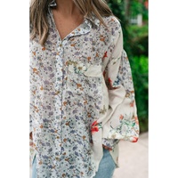 Purple Boho Floral Bishop Sleeve Button Up Loose Shirt - L thumbnail